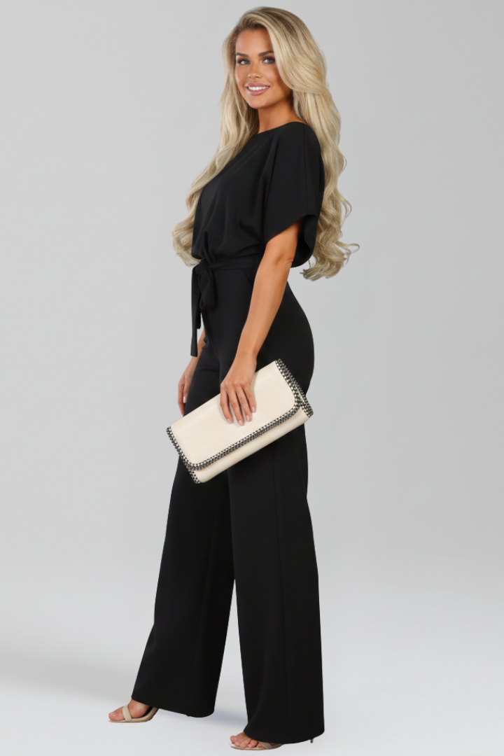 Women's Tie-Belt Wide-Leg Jumpsuit with Boat Neck - 3