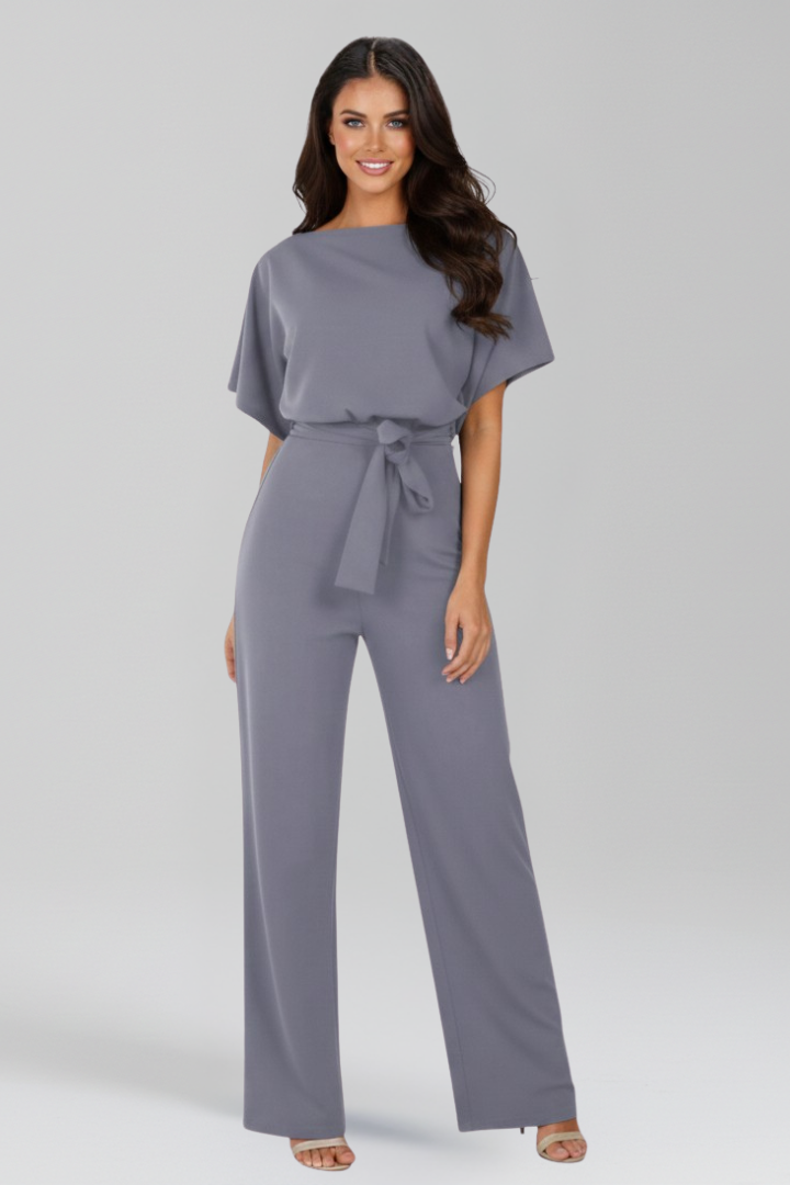 Women's Tie-Belt Wide-Leg Jumpsuit with Boat Neck - Grey