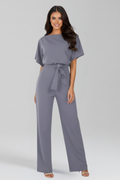 Women's Tie-Belt Wide-Leg Jumpsuit with Boat Neck - Grey
