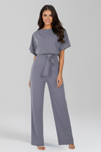 Women's Tie-Belt Wide-Leg Jumpsuit with Boat Neck - Grey