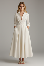 Women's Button Front Collared Midi Dress with Flared Skirt - Beige