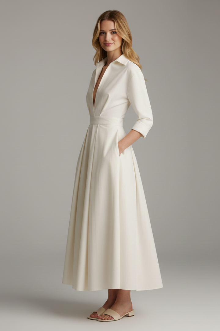 Women's Button Front Collared Midi Dress with Flared Skirt - 3