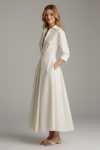 Women's Button Front Collared Midi Dress with Flared Skirt - 3