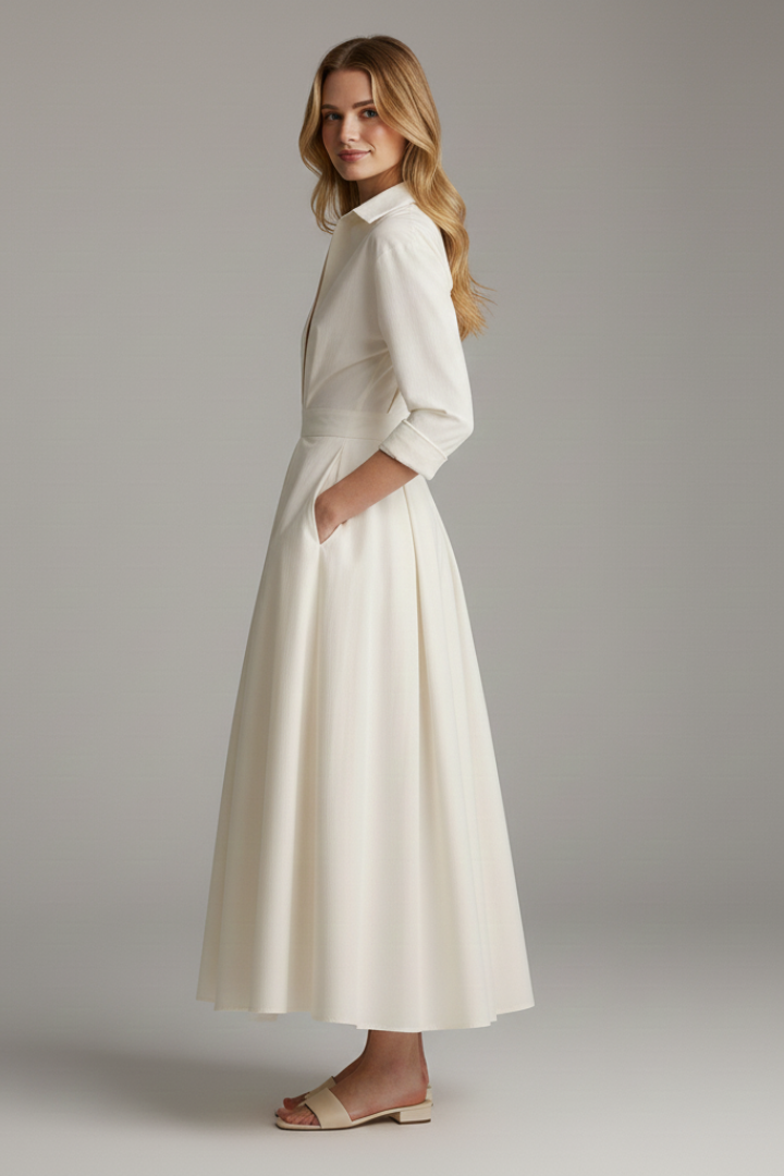 Women's Button Front Collared Midi Dress with Flared Skirt - 5