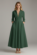 Women's Button Front Collared Midi Dress with Flared Skirt - Green