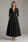 Women's Button Front Collared Midi Dress with Flared Skirt - Black