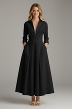 Women's Button Front Collared Midi Dress with Flared Skirt - Black