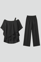 Women's Off-Shoulder Jumpsuit with Flowing Layered Top and Wide Legs - 2