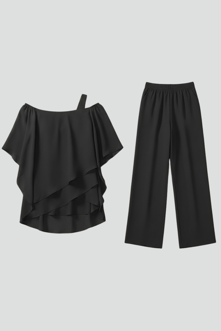 Women's Off-Shoulder Jumpsuit with Flowing Layered Top and Wide Legs - 2