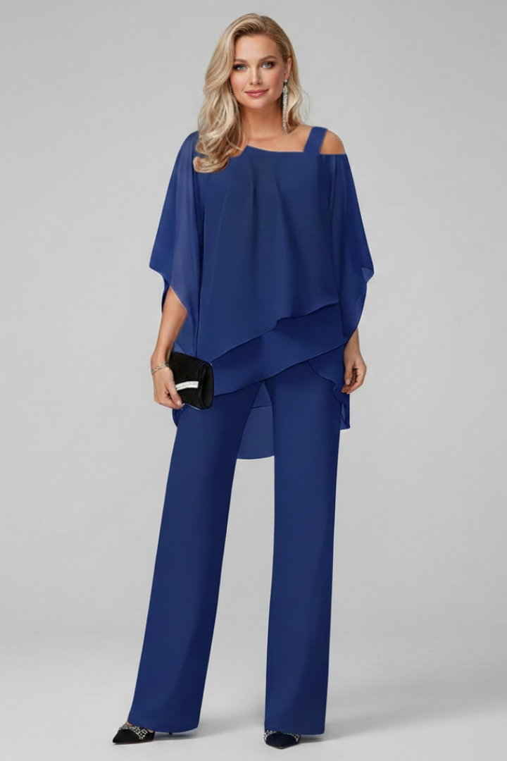Women's Off-Shoulder Jumpsuit with Flowing Layered Top and Wide Legs - Royal Blue
