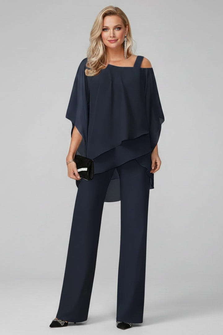Women's Off-Shoulder Jumpsuit with Flowing Layered Top and Wide Legs - Dark Blue