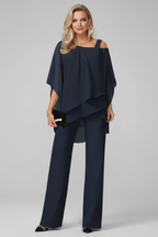 Women's Off-Shoulder Jumpsuit with Flowing Layered Top and Wide Legs - Dark Blue