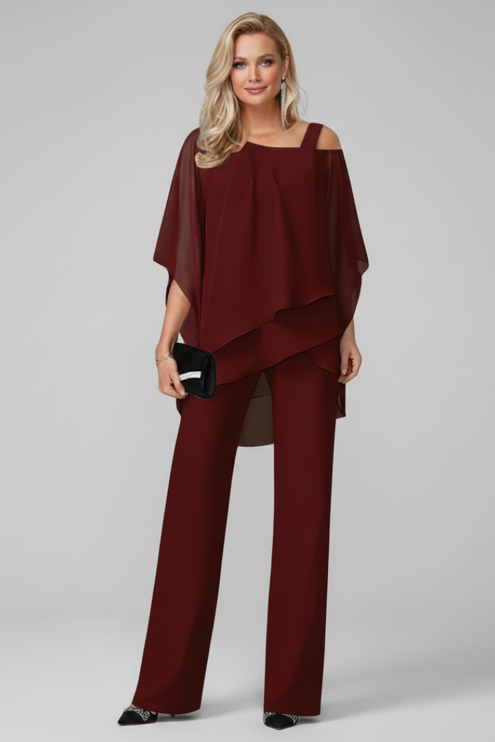 Women's Off-Shoulder Jumpsuit with Flowing Layered Top and Wide Legs - Burgundy