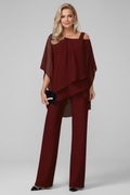 Women's Off-Shoulder Jumpsuit with Flowing Layered Top and Wide Legs - Burgundy