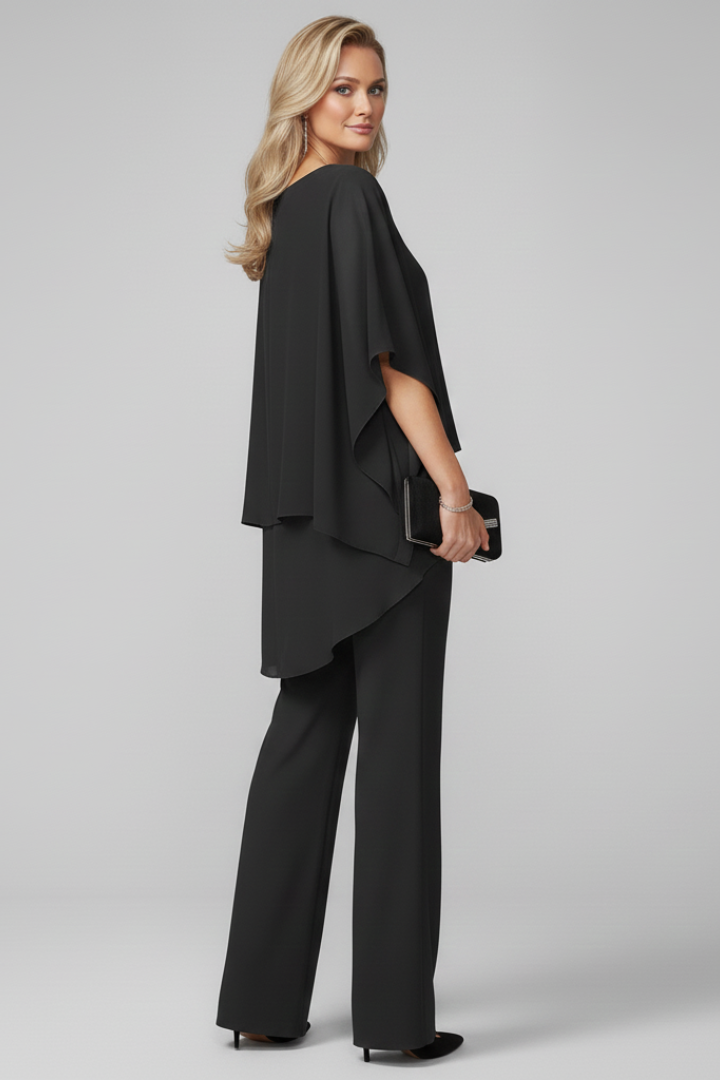 Women's Off-Shoulder Jumpsuit with Flowing Layered Top and Wide Legs - 3