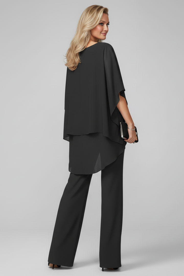 Women's Off-Shoulder Jumpsuit with Flowing Layered Top and Wide Legs - 4