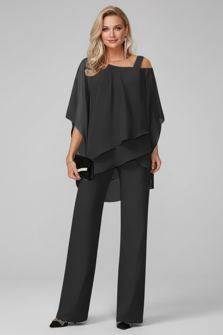 Women's Off-Shoulder Jumpsuit with Flowing Layered Top and Wide Legs - Black