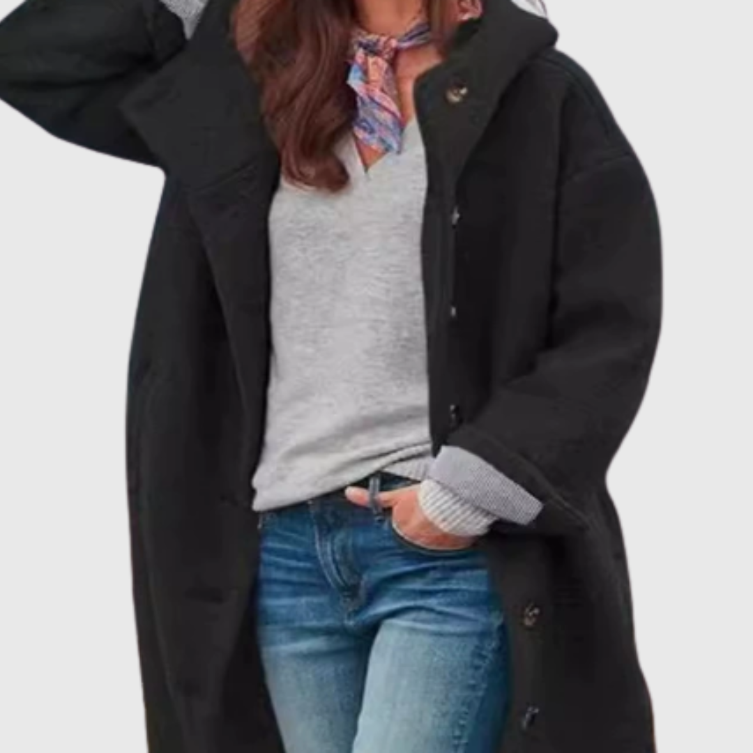 Women's Oversized Coat with Button Fastening and Side Pockets - Black