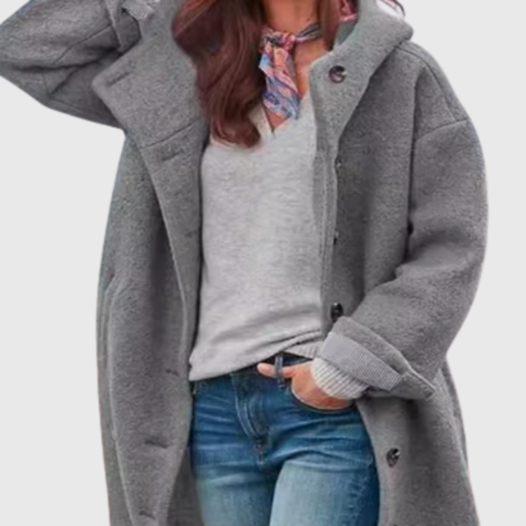 Women's Oversized Coat with Button Fastening and Side Pockets - Grey
