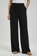 Women's Palazzo Trousers with Drawstring Waist and Side Pockets - Black