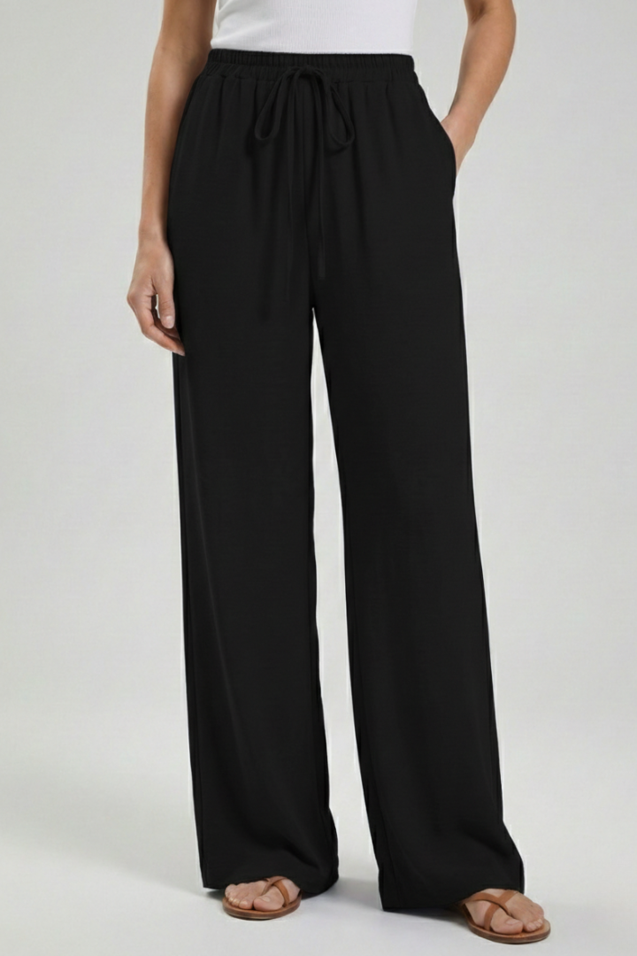 Women's Palazzo Trousers with Drawstring Waist and Side Pockets - Black
