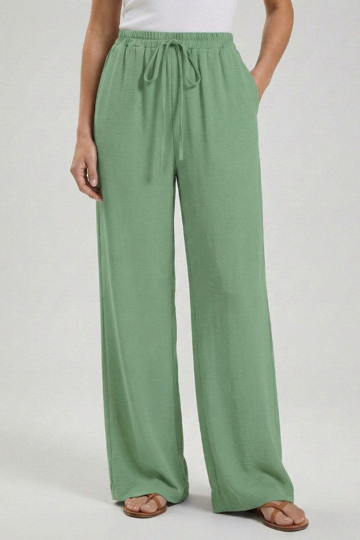 Women's Palazzo Trousers with Drawstring Waist and Side Pockets - Bean Green