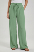 Women's Palazzo Trousers with Drawstring Waist and Side Pockets - Bean Green