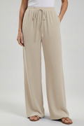 Women's Palazzo Trousers with Drawstring Waist and Side Pockets - Beige
