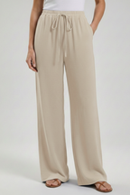 Women's Palazzo Trousers with Drawstring Waist and Side Pockets - Beige