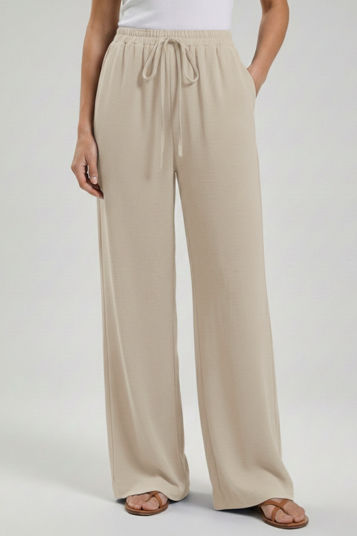 Women's Palazzo Trousers with Drawstring Waist and Side Pockets - Beige