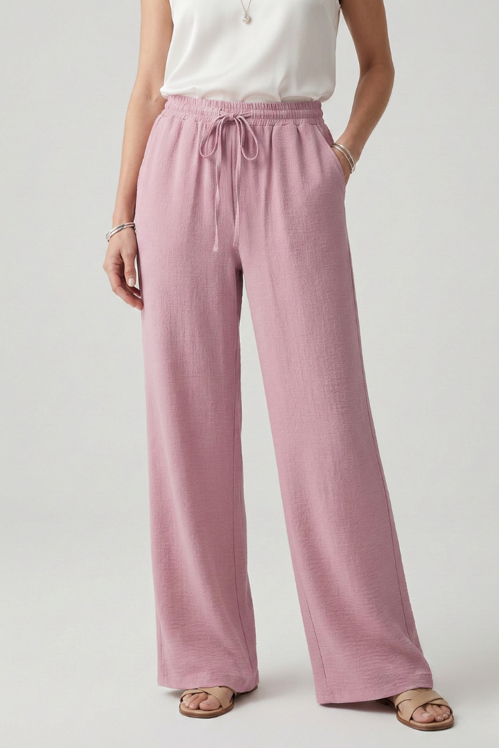 Women's Palazzo Trousers Wide Leg with Drawstring Waist and Side Pockets - Pink