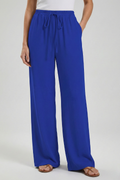 Women's Palazzo Trousers with Drawstring Waist and Side Pockets - Blue