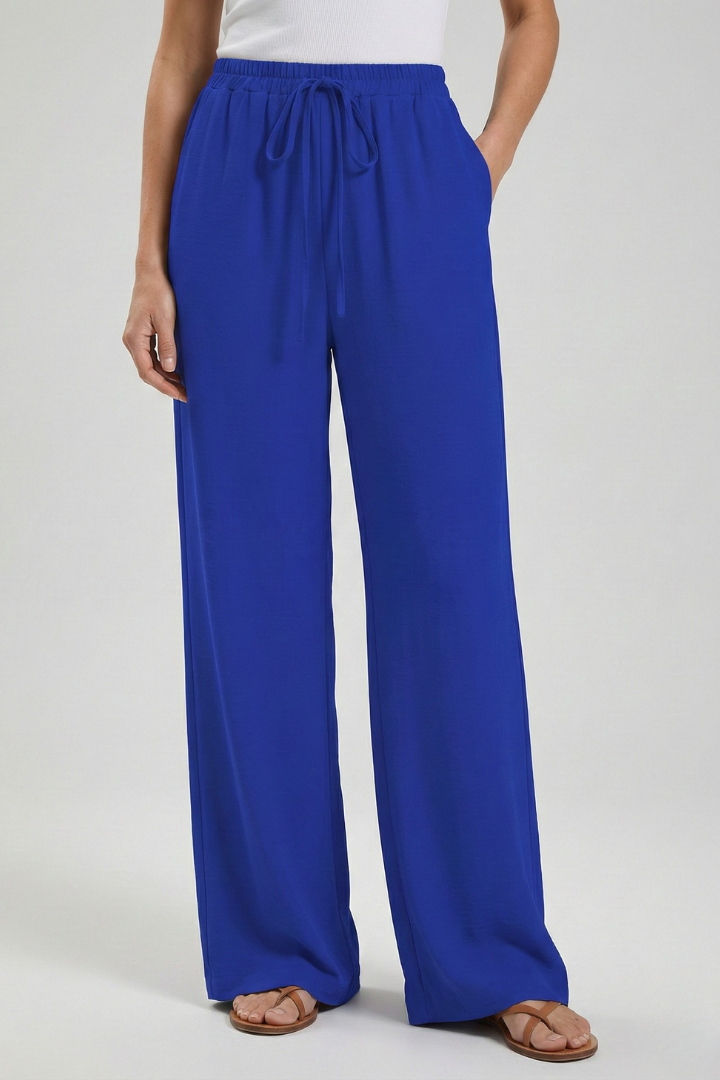Women's Palazzo Trousers with Drawstring Waist and Side Pockets - Blue