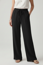 Women's Palazzo Trousers Wide Leg with Drawstring Waist and Side Pockets - Black
