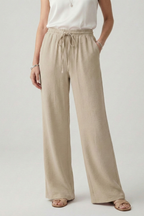 Women's Palazzo Trousers Wide Leg with Drawstring Waist and Side Pockets - Khaki
