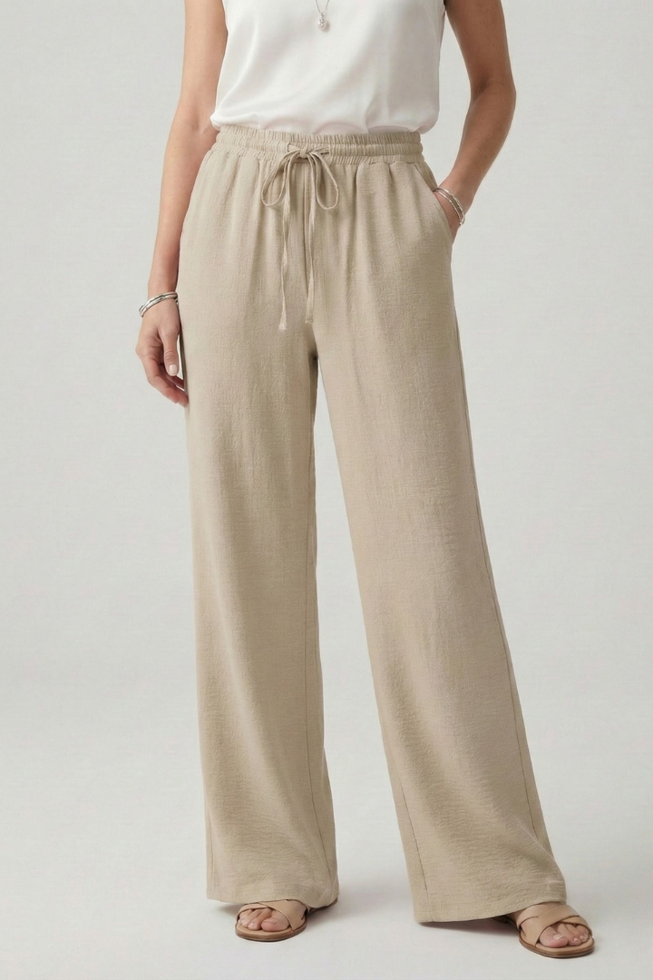 Women's Palazzo Trousers Wide Leg with Drawstring Waist and Side Pockets - Khaki
