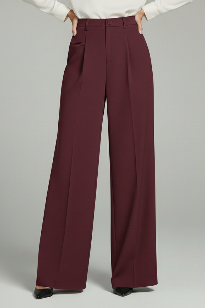 Women's Palazzo Trousers with Front Pleats and Wide Leg - Burgundy