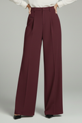 Women's Palazzo Trousers with Front Pleats and Wide Leg - Burgundy