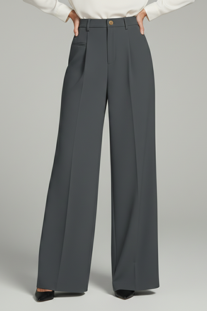 Women's Palazzo Trousers with Front Pleats and Wide Leg - Dark Grey