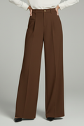 Women's Palazzo Trousers with Front Pleats and Wide Leg - Brown