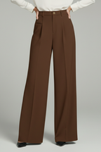 Women's Palazzo Trousers with Front Pleats and Wide Leg - Brown