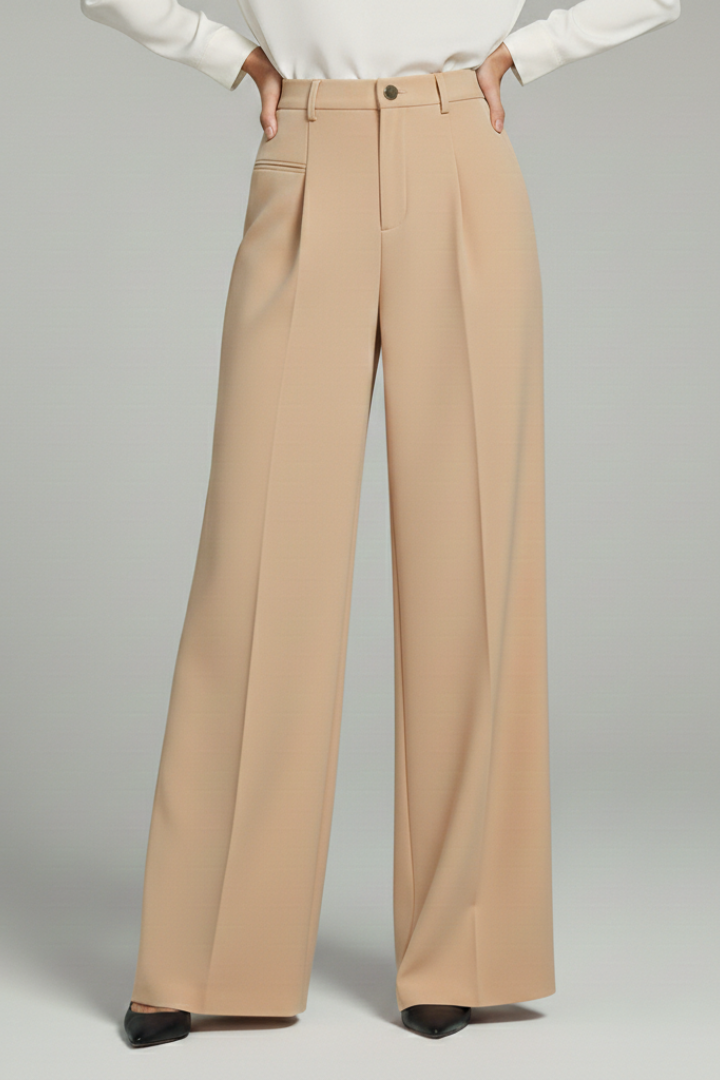 Women's Palazzo Trousers with Front Pleats and Wide Leg - Beige