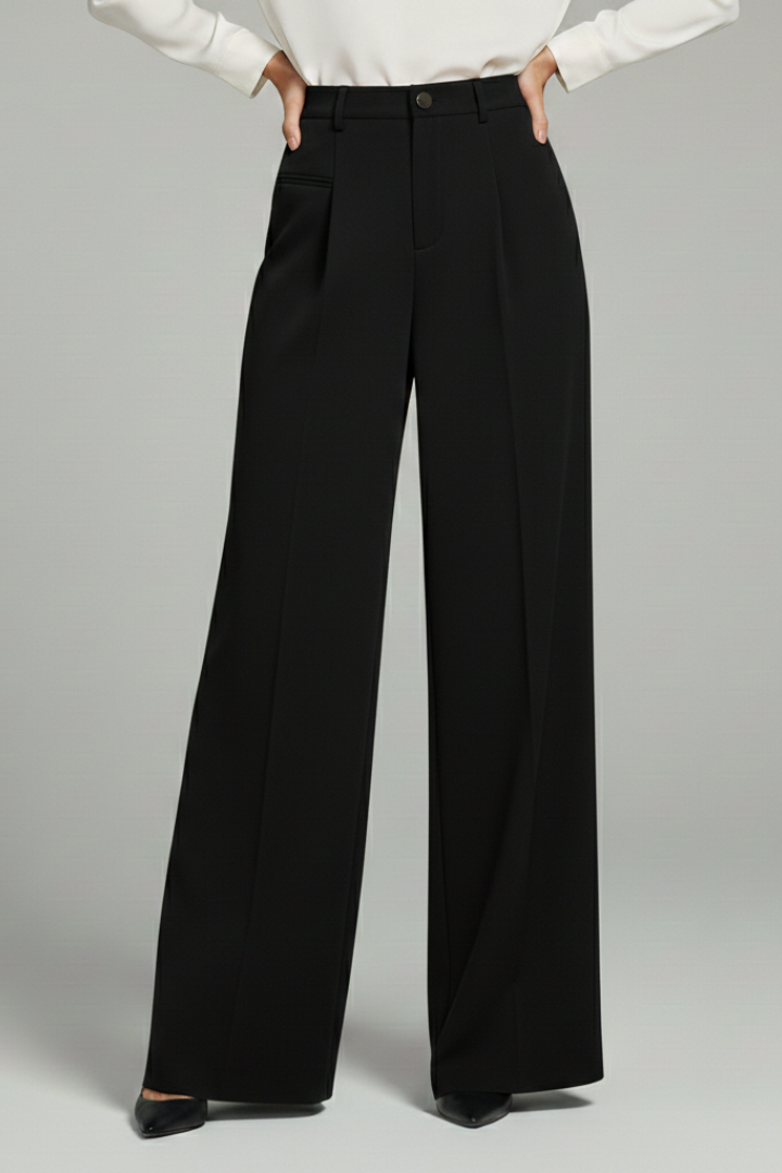Women's Palazzo Trousers with Front Pleats and Wide Leg - Black