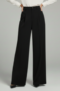 Women's Palazzo Trousers with Front Pleats and Wide Leg - Black