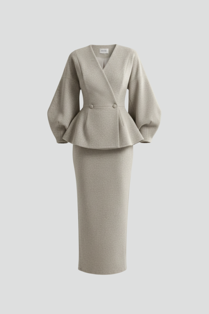 Women's V-Neck Peplum Blazer and Maxi Skirt Set - 2