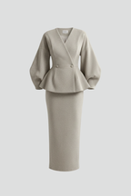Women's V-Neck Peplum Blazer and Maxi Skirt Set - 2