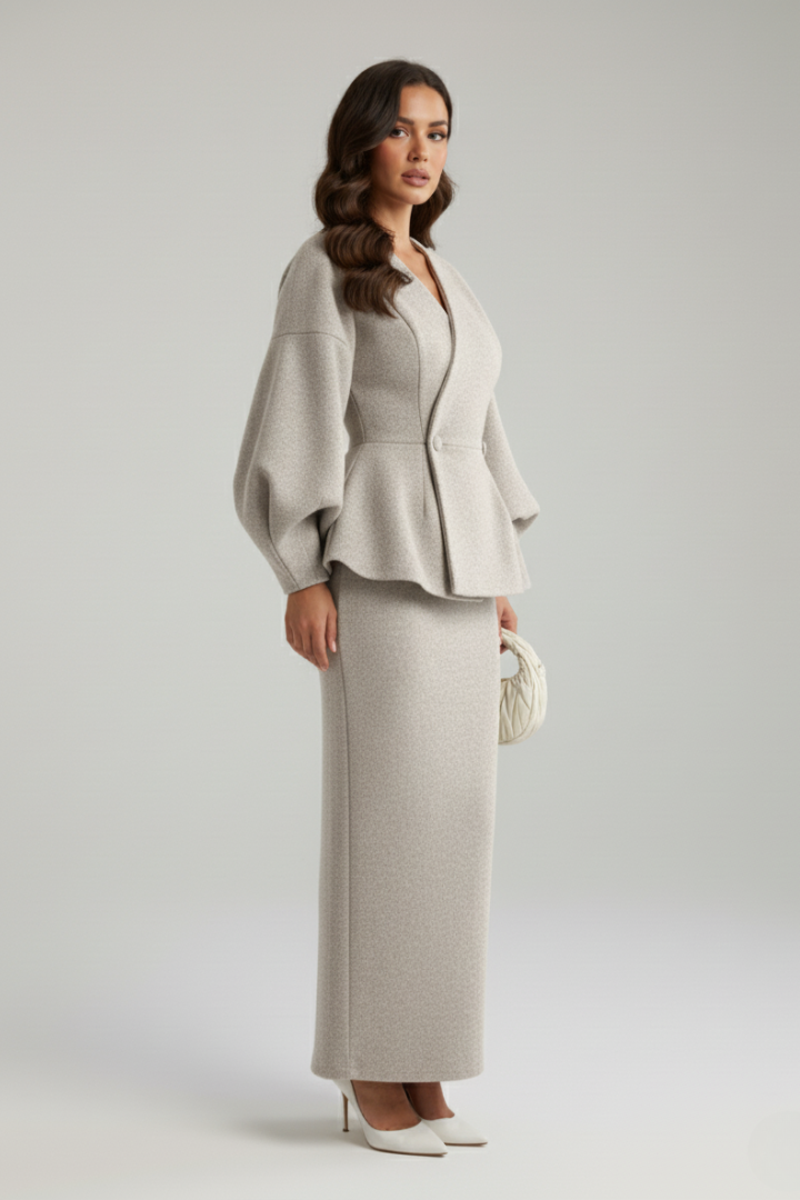 Women's V-Neck Peplum Blazer and Maxi Skirt Set - 4