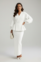 Women's V-Neck Peplum Blazer and Maxi Skirt Set - White