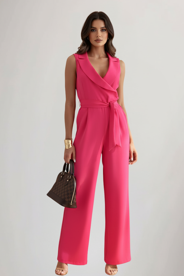 Women's Sleeveless Jumpsuit with V-Neck and Tie-Waist - Pink