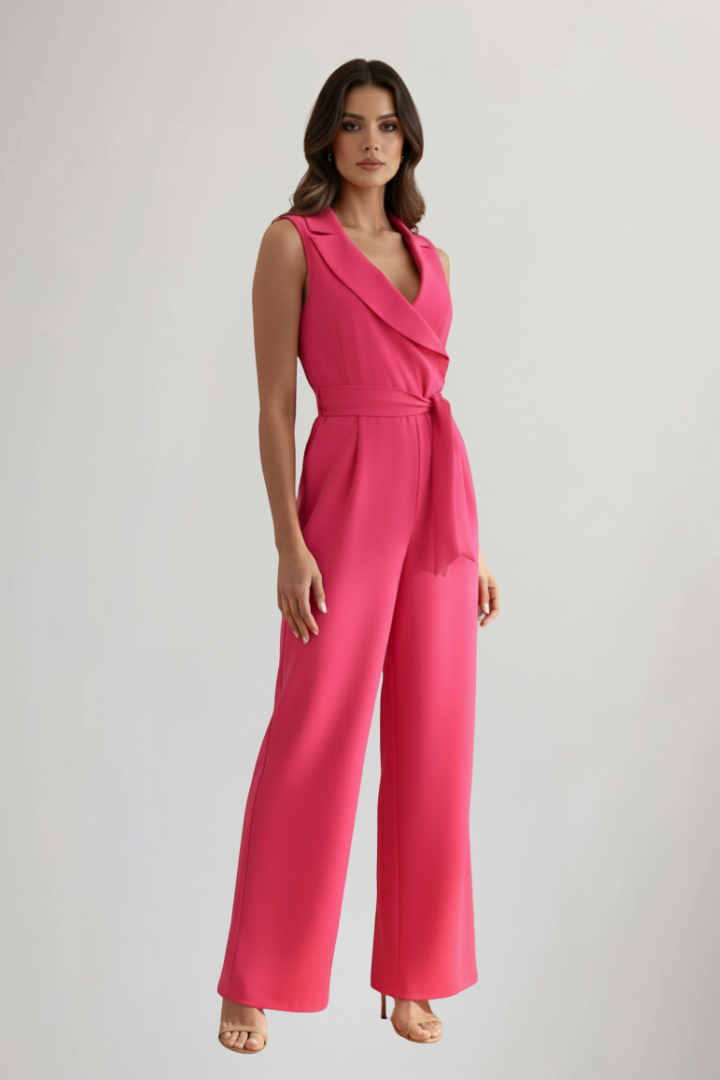 Women's Sleeveless Jumpsuit with V-Neck and Tie-Waist - 3